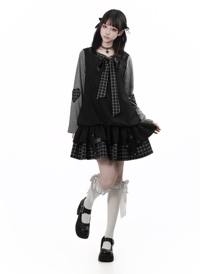 Plaid Puff Sleeve Gothic Tiered Dress PIN0026