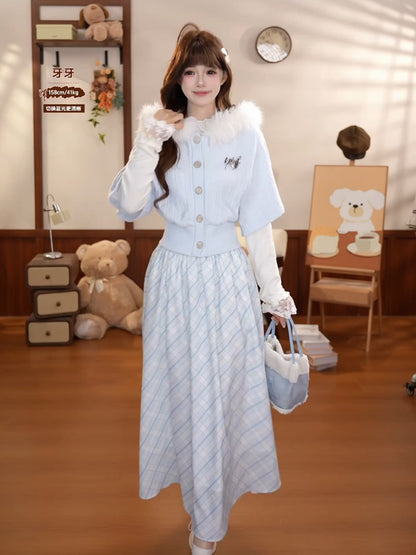 Fluffy Collar Knit Cardigan And Plaid Skirt Set BEL0045