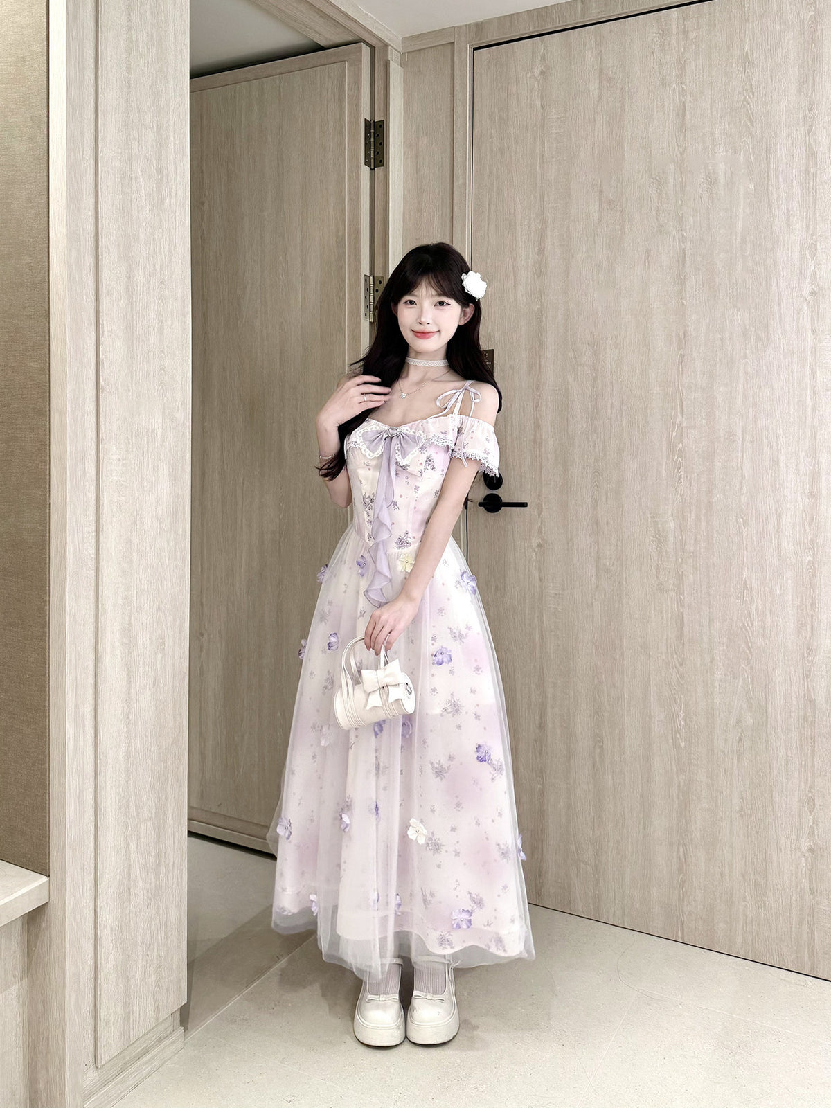 Off-Shoulder Floral Mesh Fairy Maxi Dress BEL0040