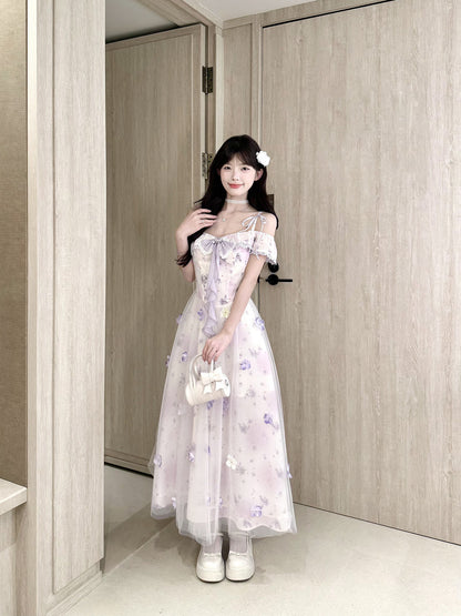 Off-Shoulder Floral Mesh Fairy Maxi Dress BEL0040