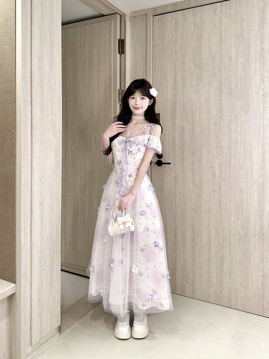 Off-Shoulder Floral Mesh Fairy Maxi Dress BEL0040