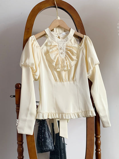 Off-White Ribbon Frill Long Sleeve Blouse WIT0166