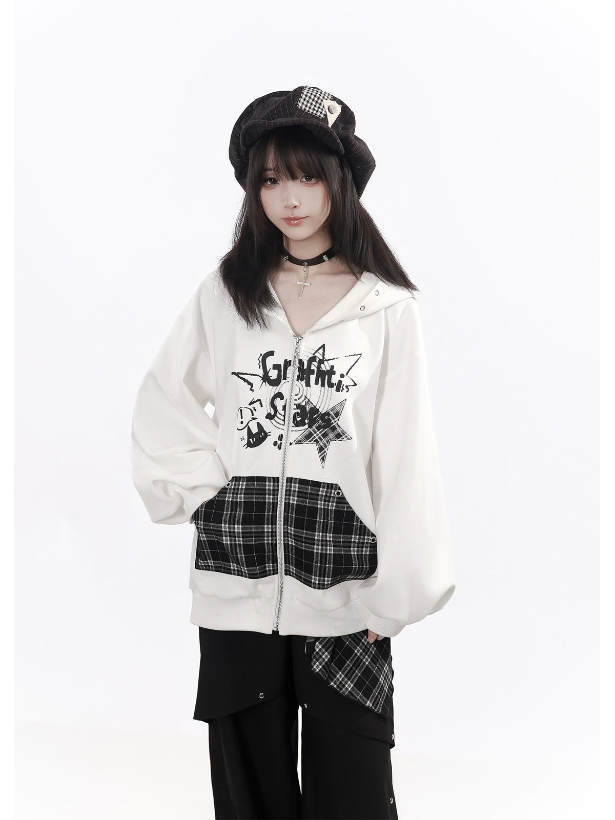 Plaid Shawl Collar Hooded Sweatshirt PIN0060