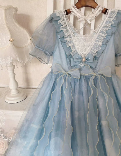 Light Blue or Black High Waist Lace Lolita Dress YOU0040