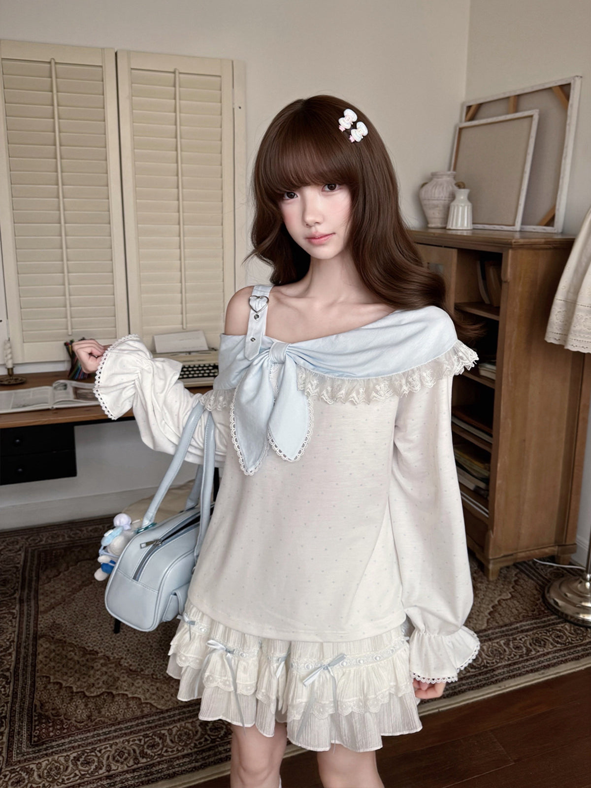 Off Shoulder Bow Collar Ruffle Top LAL0239