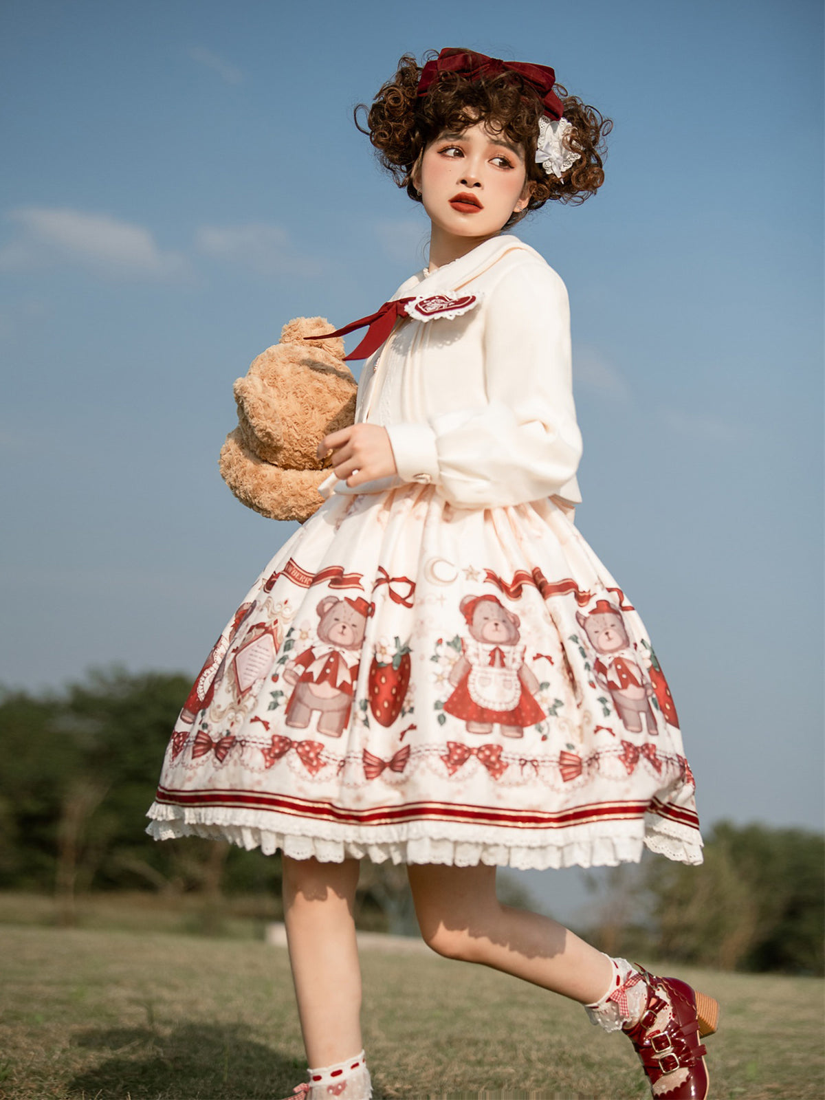 Bear And Strawberry Print Jacket And Pinafore Dress Set YOU0280