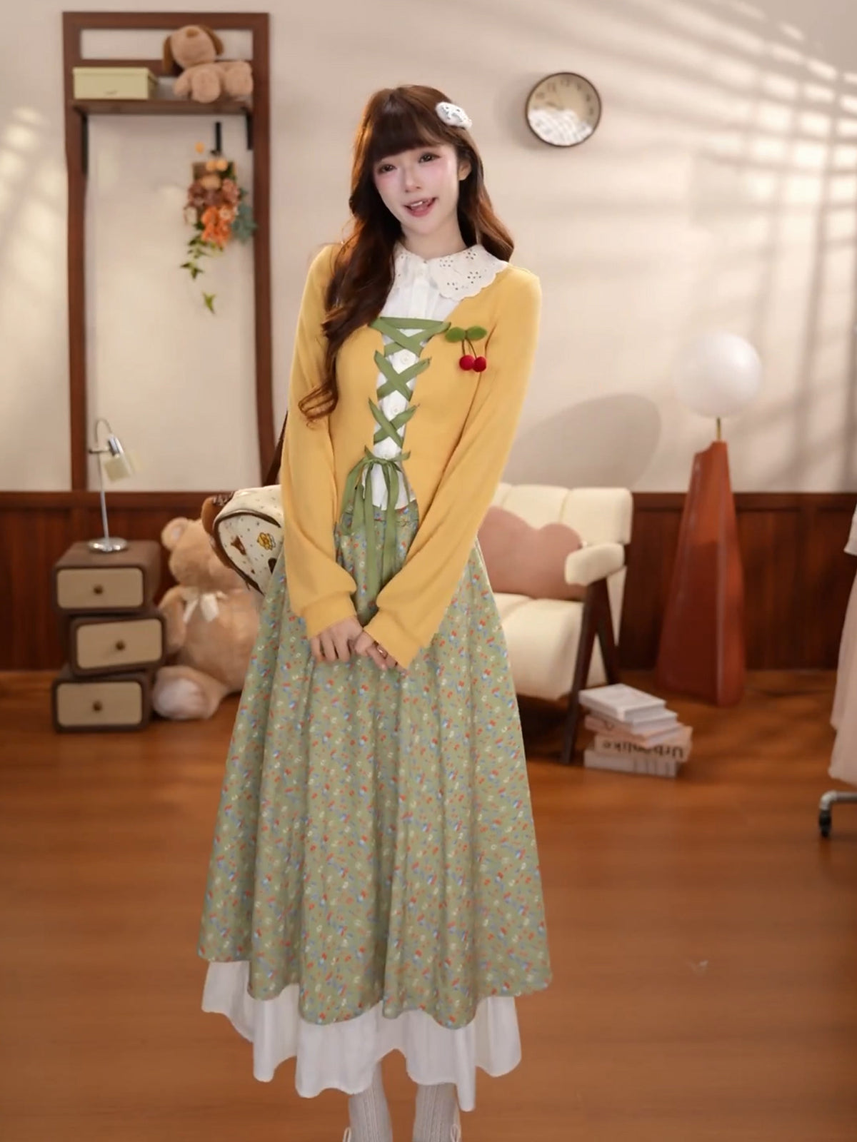 Vintage Lace-Up Cardigan Floral Midi Skirt Set BEL0042