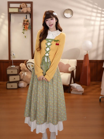 Vintage Lace-Up Cardigan Floral Midi Skirt Set BEL0042