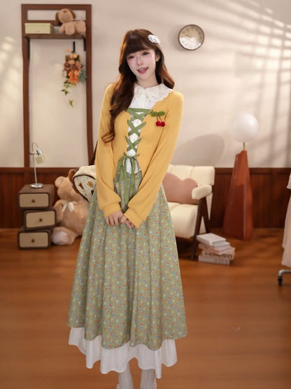 Vintage Lace-Up Cardigan Floral Midi Skirt Set BEL0042