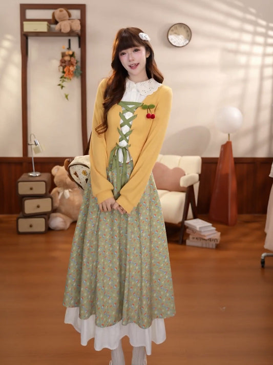 Vintage Lace-Up Cardigan Floral Midi Skirt Set BEL0042