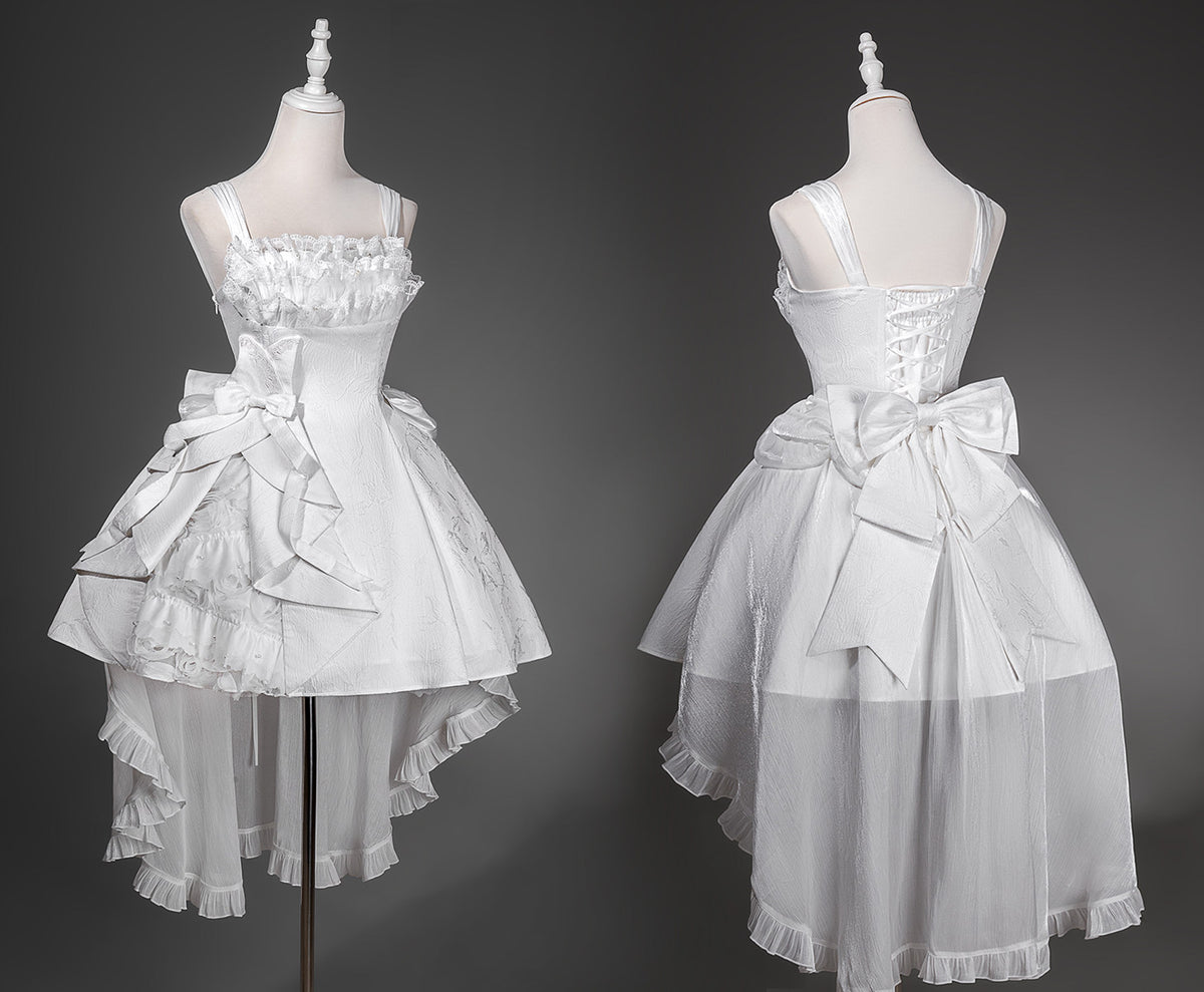 White Lace Ruffle Bow High-Low Train Dress YOU0278