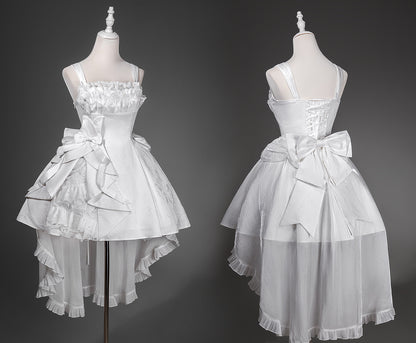 White Lace Ruffle Bow High-Low Train Dress YOU0278