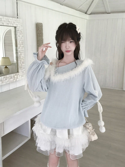 Off Shoulder Fur Trim Knit Sweater LAL0140