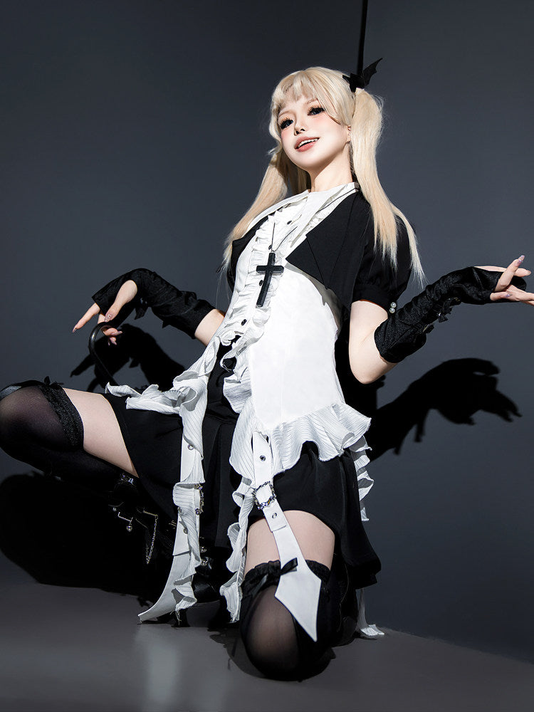Black White Gothic Lolita Blouse Skirt Set YOU0290