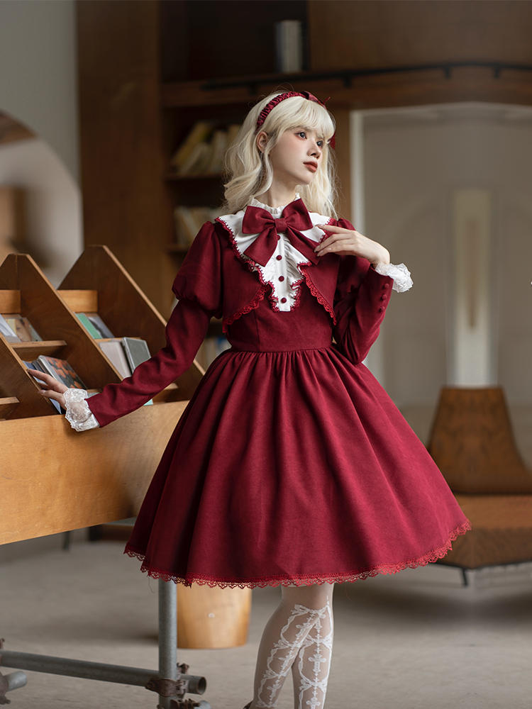 Volume Sleeve Faux Red Lolita Dress WIT0138