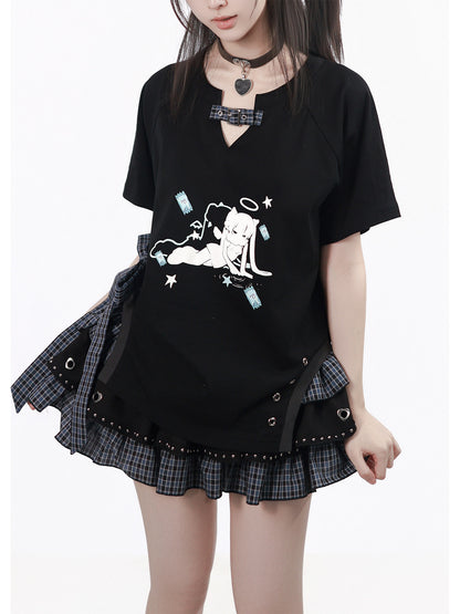 Graphic Print Tee And Plaid Tiered Skirt PIN0048