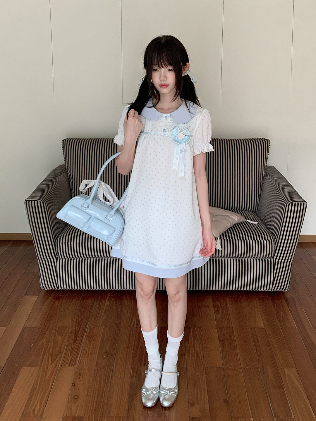 Baby Blue Collar Polka Dot Babydoll Dress LAL0185