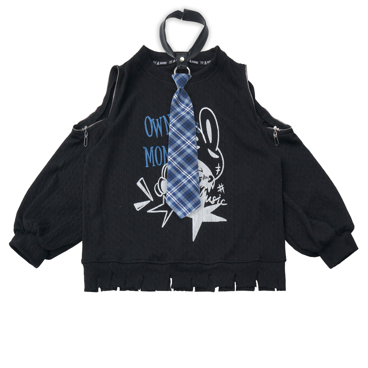 Cutout Shoulder Print Sweatshirt With Plaid Trim PIN0042