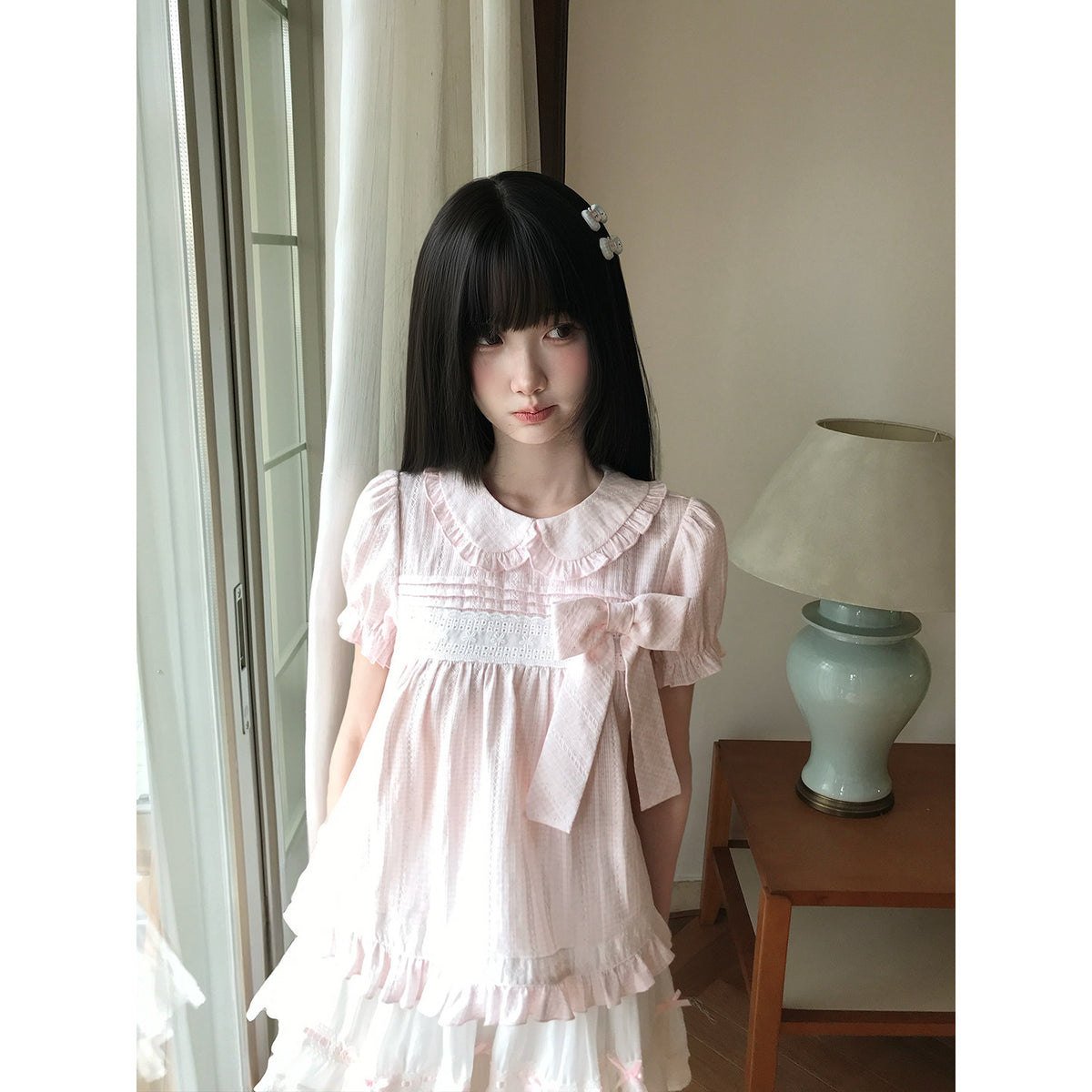 Sweet Bow Lace Doll Collar Puff Sleeve Dress LAL0225