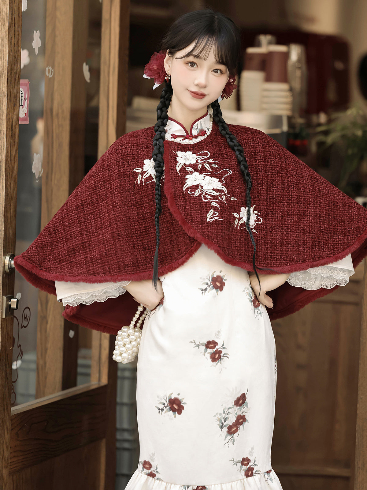 Chinese-Style Short Cape Floral Dress YOU0194