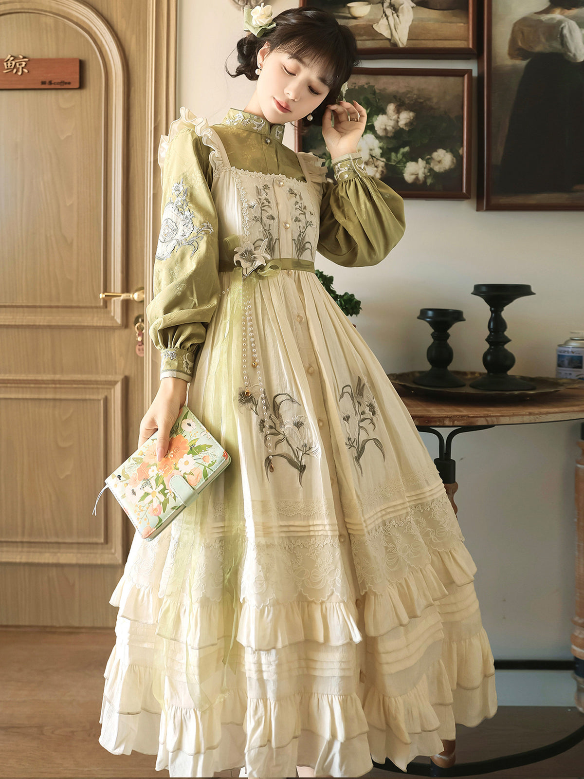 Chinese Style Floral Embroidered Long Sleeve Dress Set YOU0253