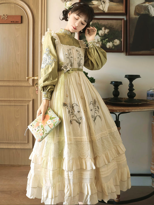 Chinese Style Floral Embroidered Long Sleeve Dress Set YOU0253