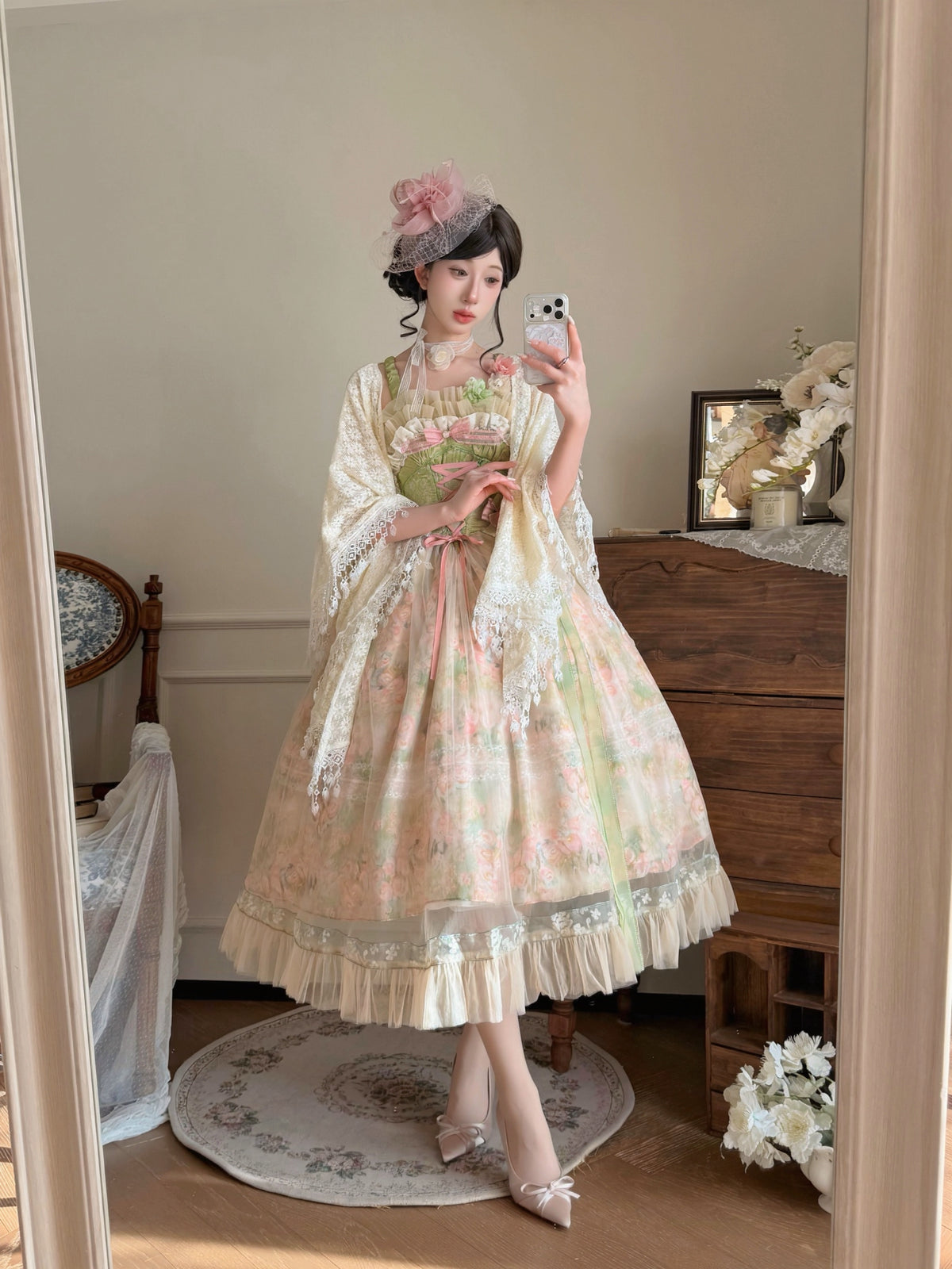 Floral Print Ribbon Waist Garden Dress ONE0024