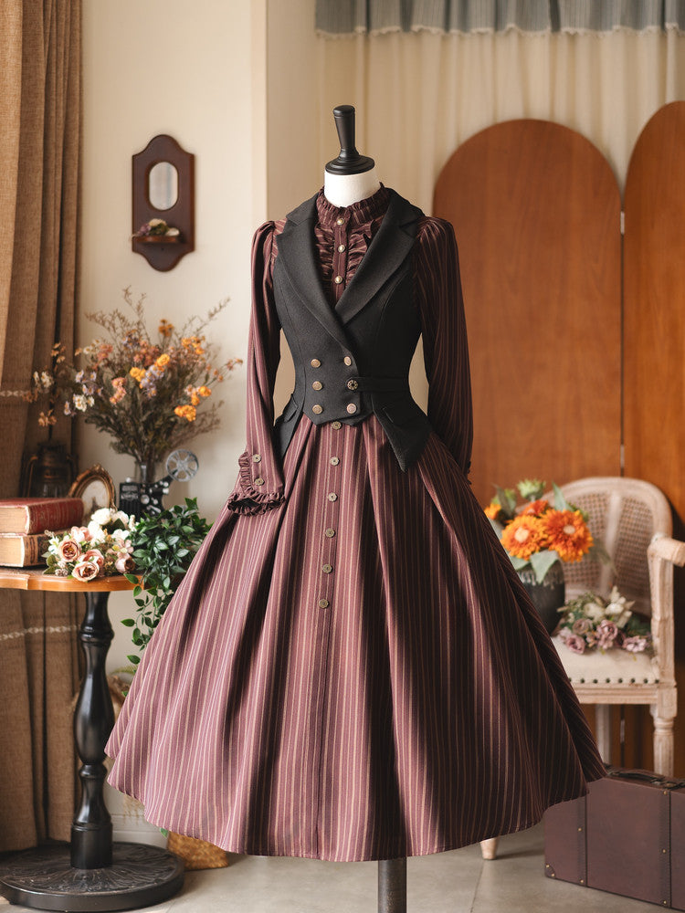 Vintage Striped High-Collar Long-Sleeve Dress FOR0064