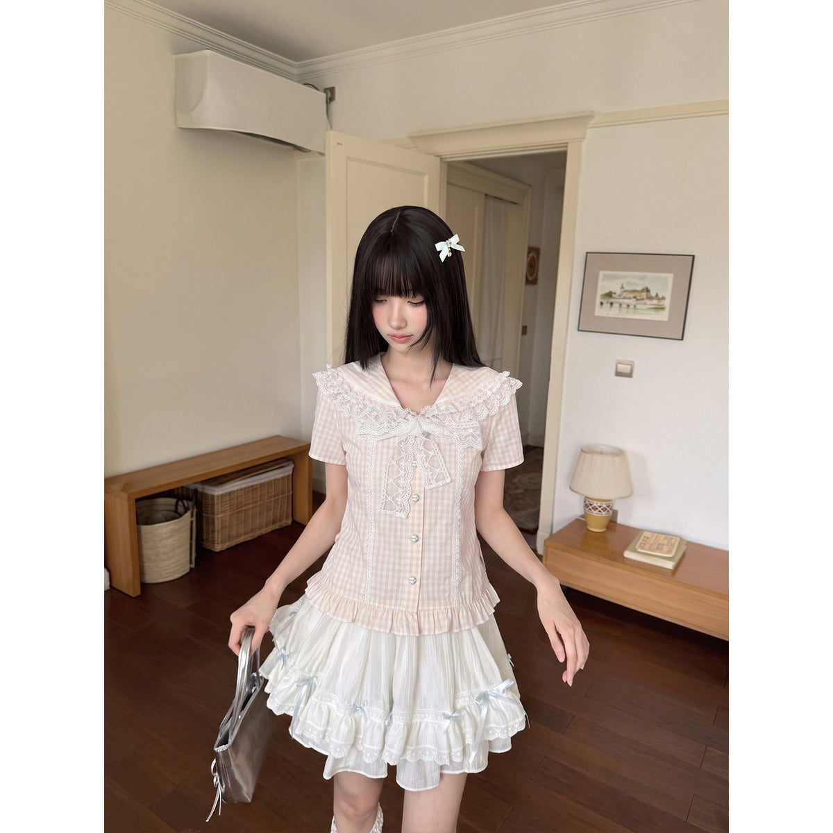 Gingham Ruffle Collar Puff Sleeve Blouse LAL0215