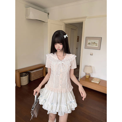 Gingham Ruffle Collar Puff Sleeve Blouse LAL0215