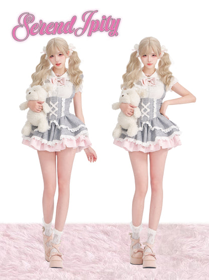 Ruffle Collar Shirt Gingham Jumper Set SER0148