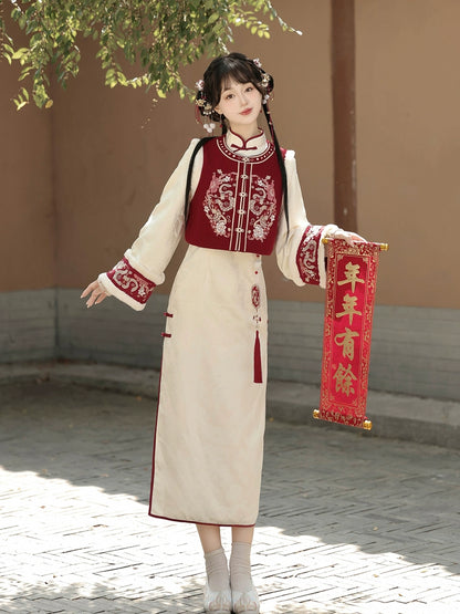 Chinese-Style Short Vest New Year Red Cheongsam Dress YOU0187