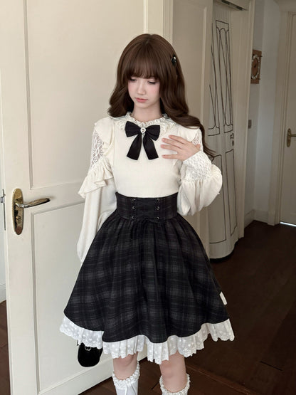 Lace Trim Black Bow Knit Top LAL0146
