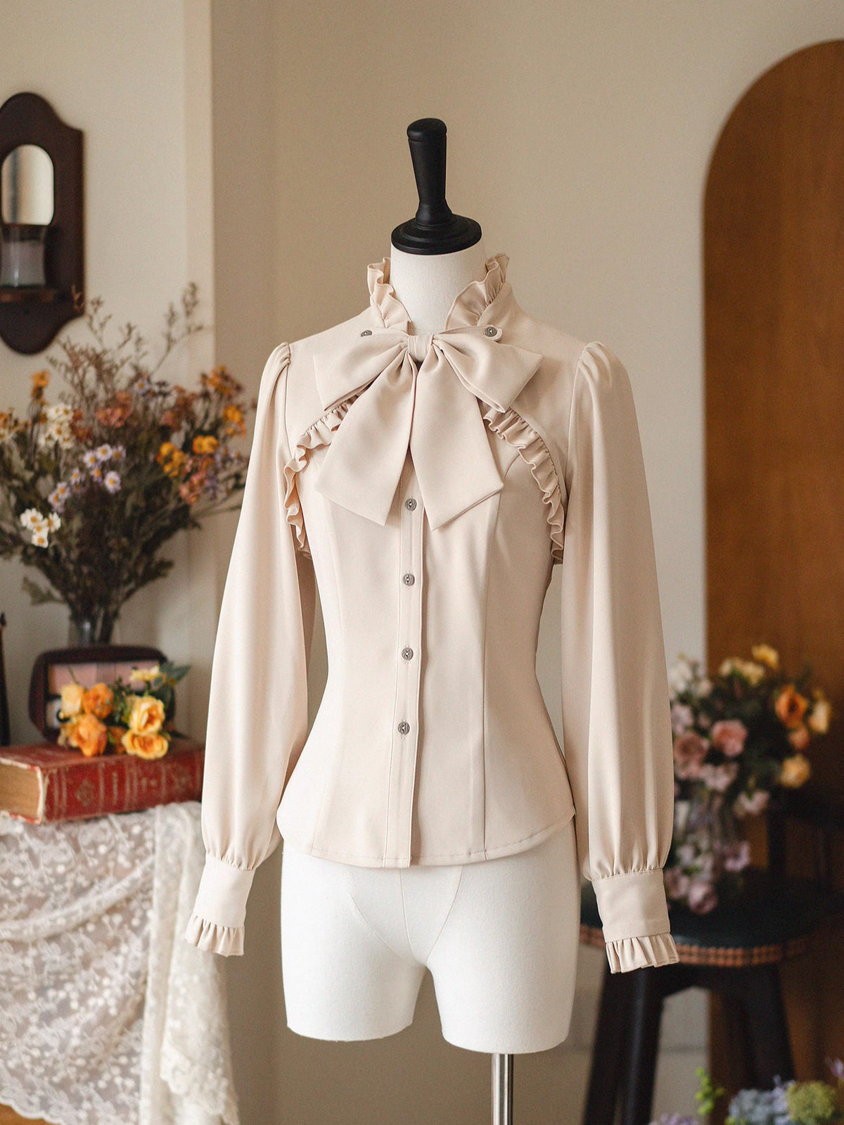 Vintage Ruffled Stand Collar Bow Shirt FOR0081