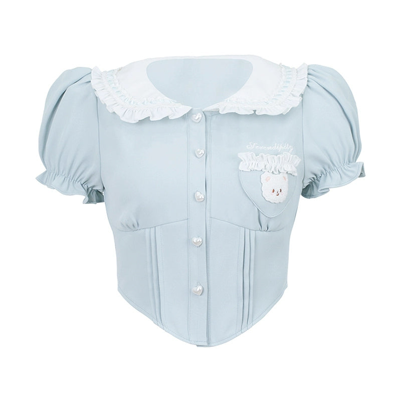 Puff Sleeve Light Blue Shirt & Suspender Skirt SER0122