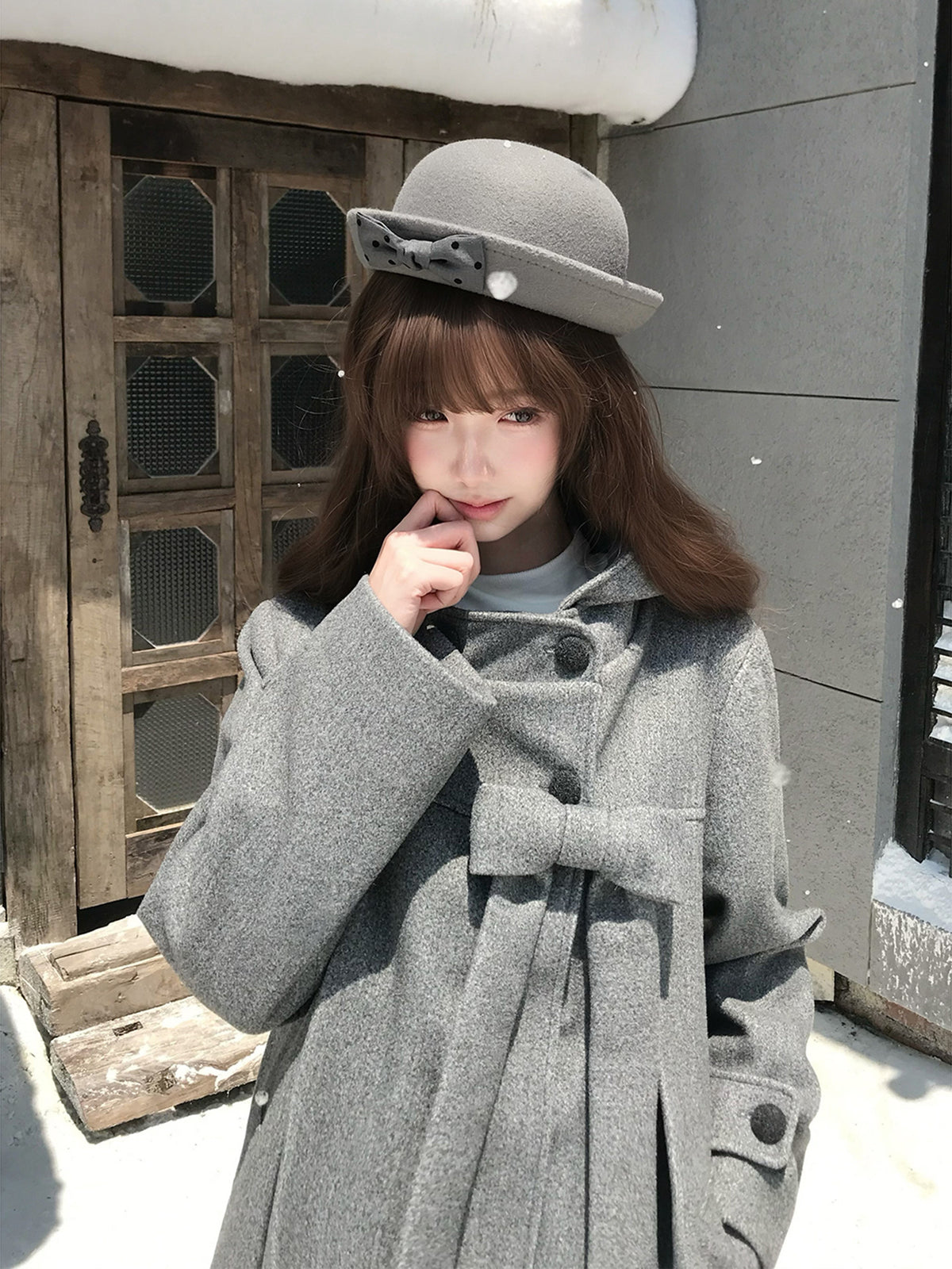 Hooded Gray Wool Coat With Pleated Skirt LAL0152
