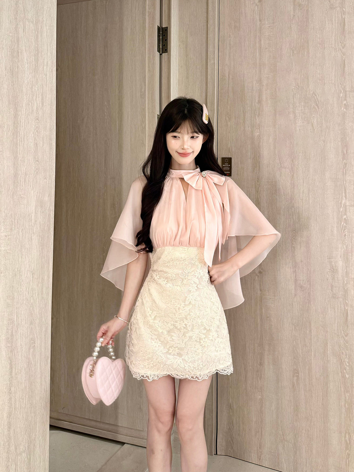 Pink Cape Sleeve Lace Mini Dress BEL0031