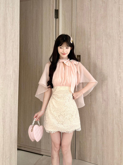 Pink Cape Sleeve Lace Mini Dress BEL0031
