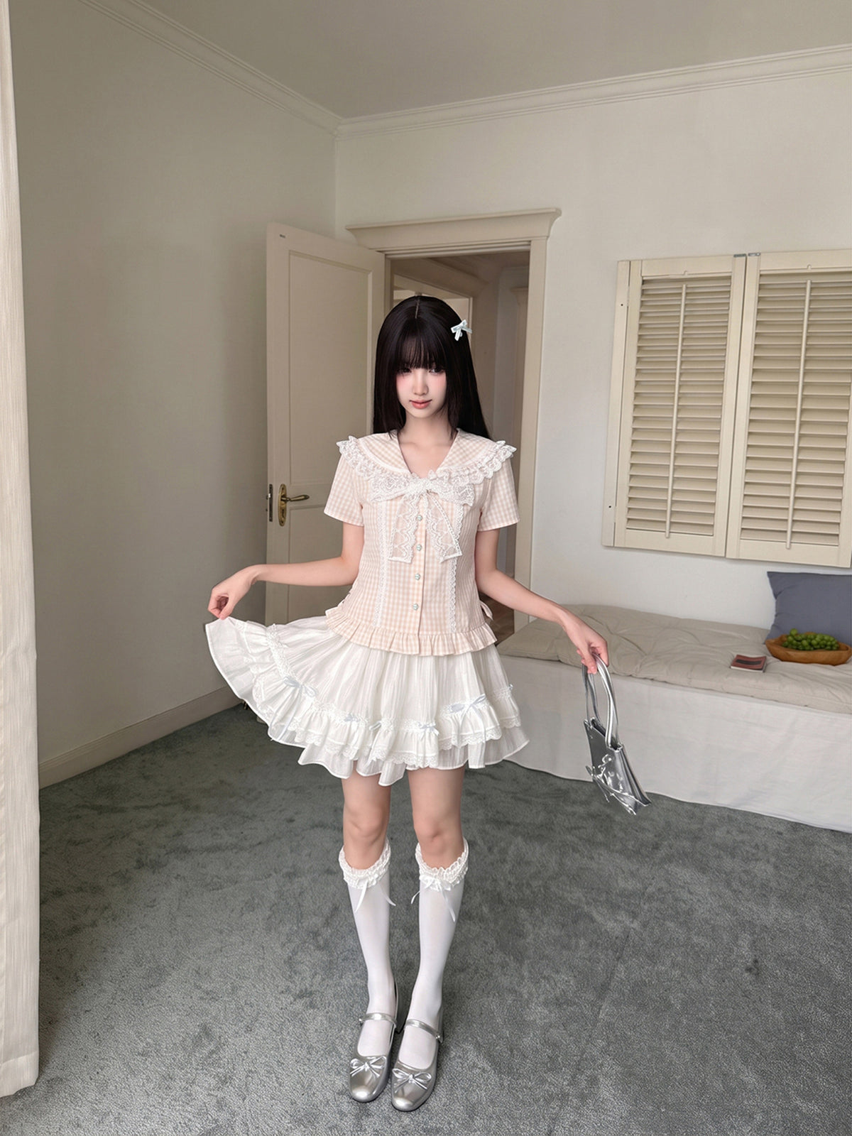 Gingham Ruffle Collar Puff Sleeve Blouse LAL0215