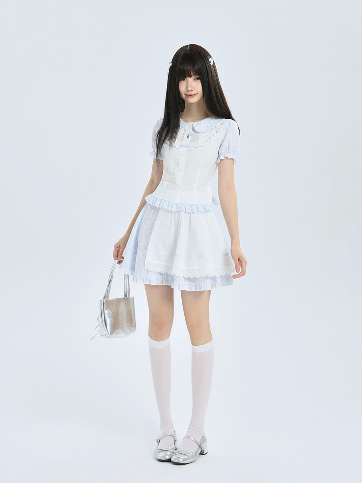 Striped Peter Pan Collar Blouse And Skirt Set LAL0210