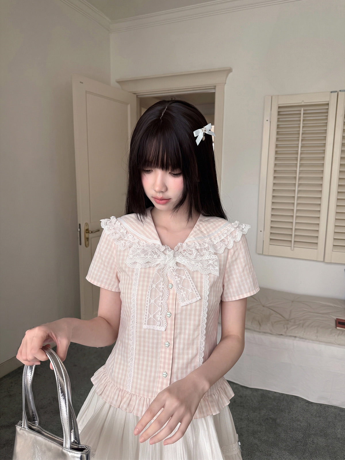 Gingham Ruffle Collar Puff Sleeve Blouse LAL0215