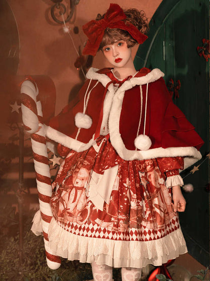 Hooded Christmas Cape and Bear Print Dress YOU0147