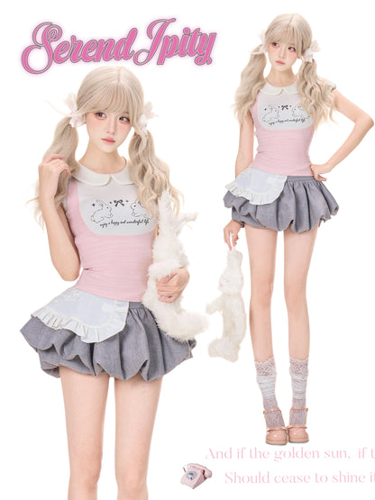 Bunny Print Collar Blouse With Apron Shorts SER0153