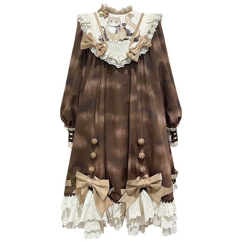 Cat Print Sweet Brown Lolita Dress YOU0012