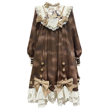 Cat Print Sweet Brown Lolita Dress YOU0012