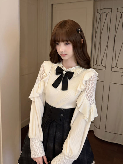 Lace Trim Black Bow Knit Top LAL0146
