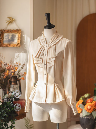 Vintage Ruffled Bow Collar Waist Shirt FOR0079
