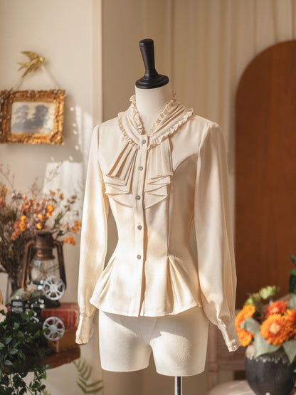 Vintage Ruffled Bow Collar Waist Shirt FOR0079