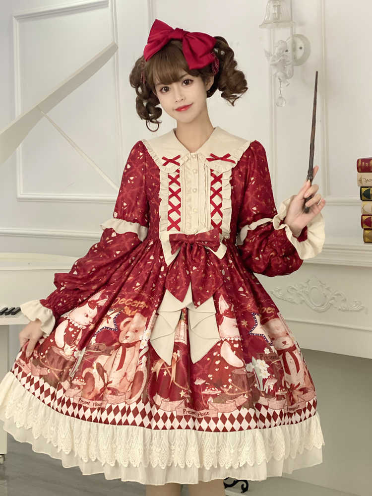 Red Ribbon Frill Bear Print Lolita Dress YOU0145