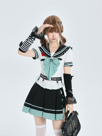 Mint And Black Sailor Collar Bow Blouse LAL0214